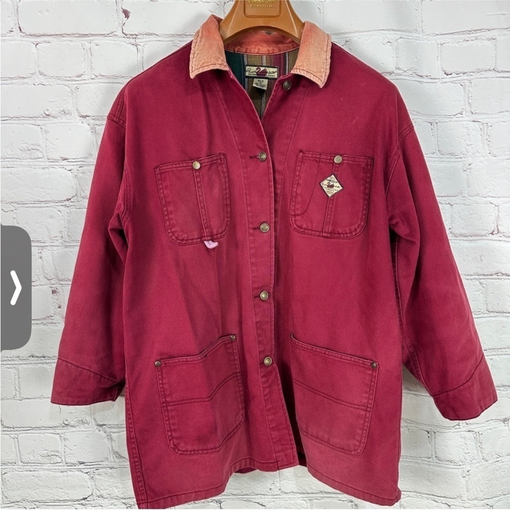 Vintage chore barn jacket Coat Red Cotton Denim Rust corduroy farm work 90s Fall